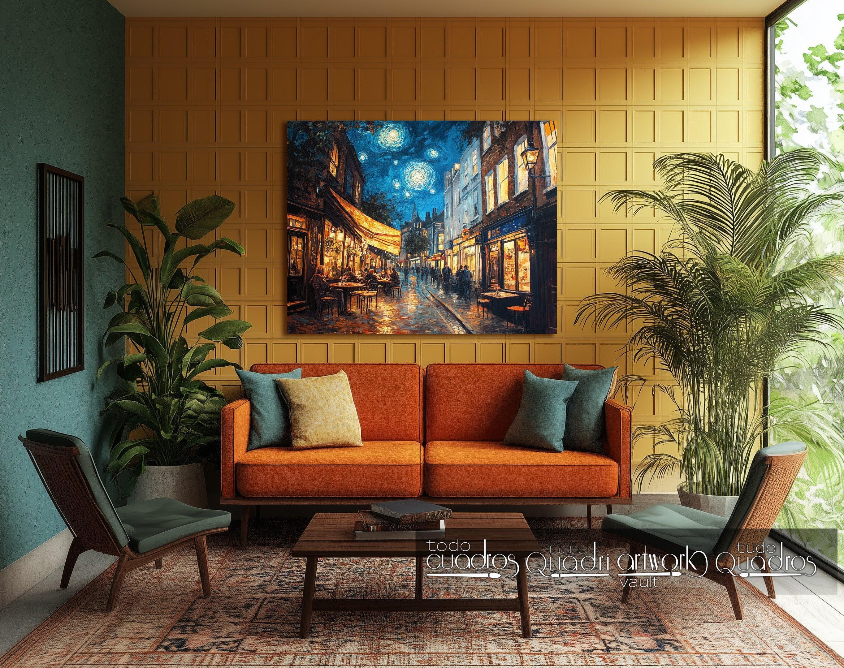 Spiegelungen einer Nacht auf der Terrasse, im Stil von Van Gogh