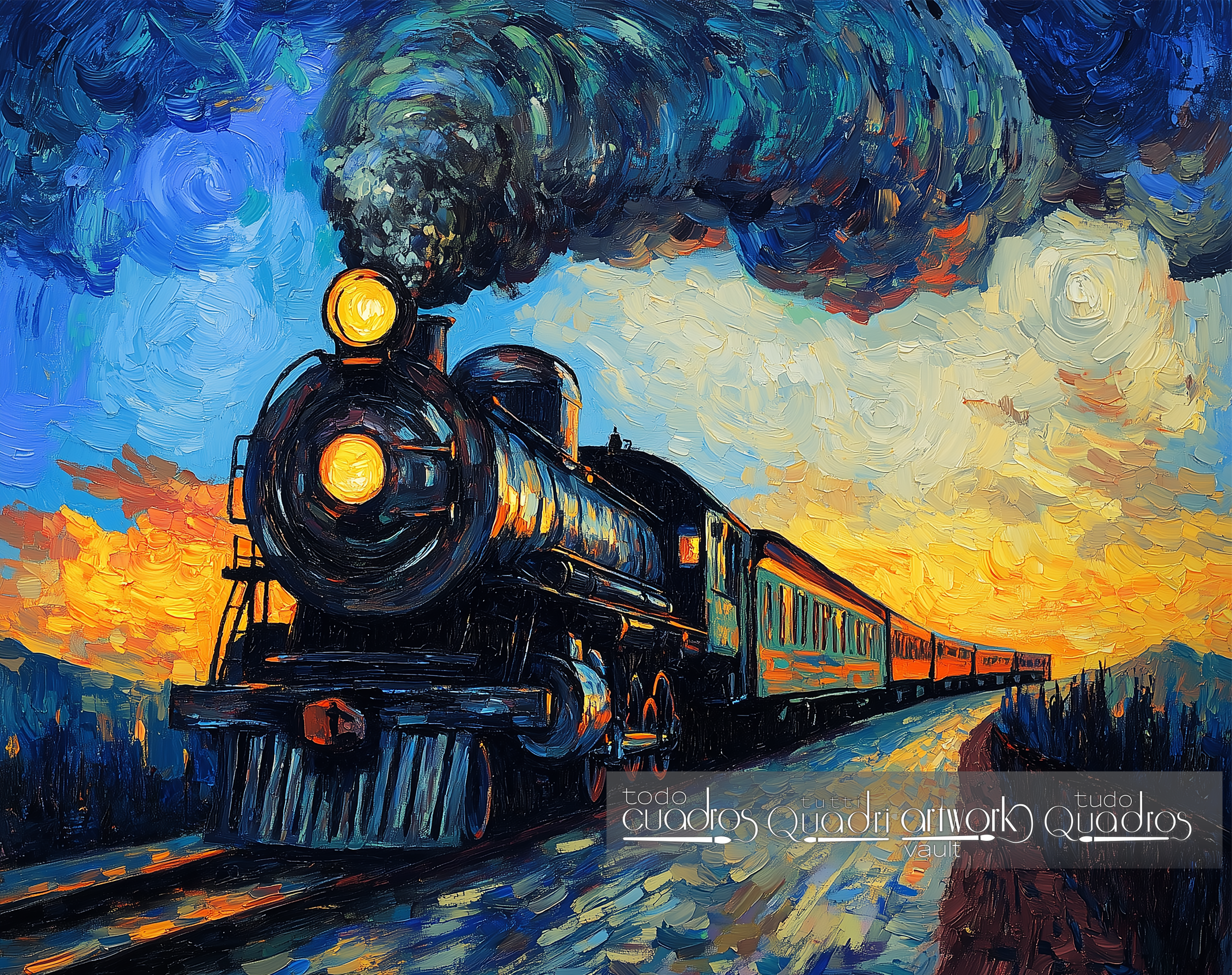Reise bei Sonnenuntergang, im Stil von Van Gogh